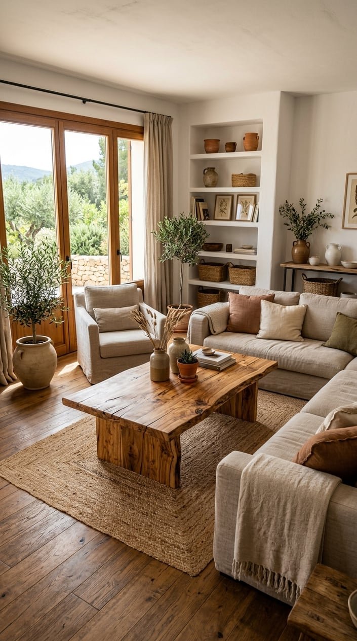 Living room with a wooden coffee table surrounded by sofas, natural light, and plants.