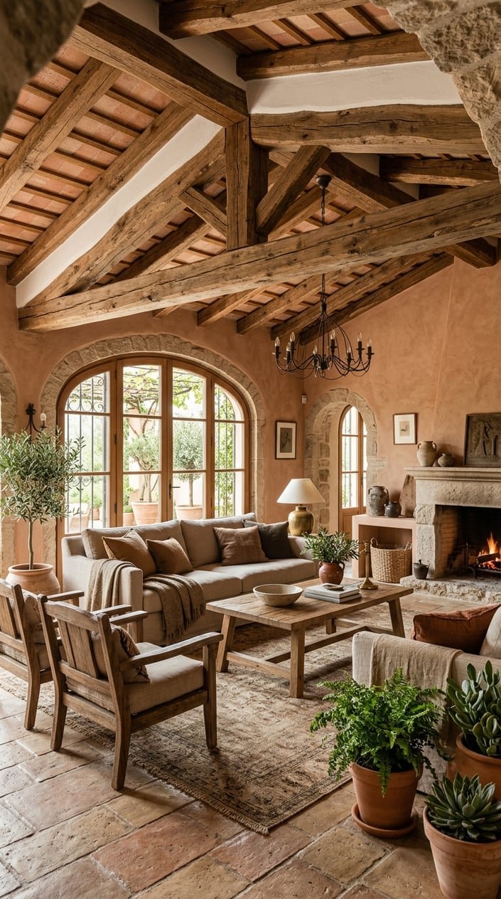 A living room with exposed wooden ceiling beams, warm earthy colors, natural stone accents, wooden furniture, plants, and sunlight coming through large windows.