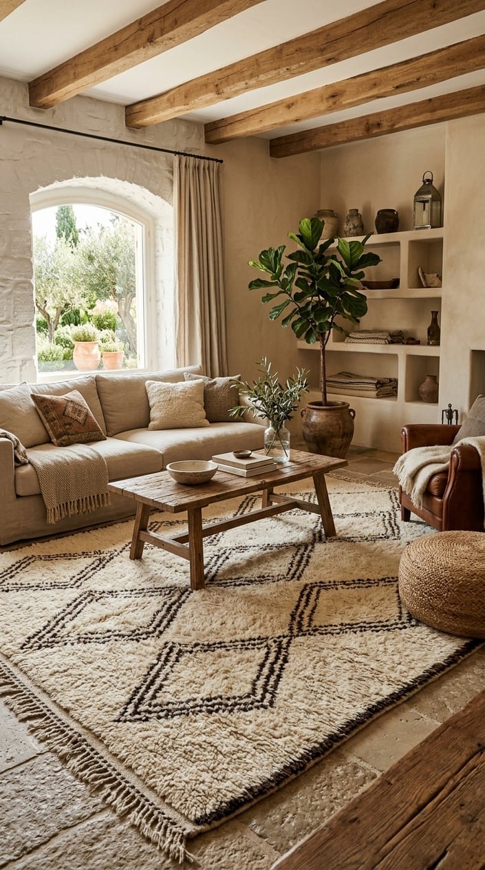 A cozy living room with a patterned wool rug, neutral sofa, wooden coffee table, and plants near large windows letting in natural light.