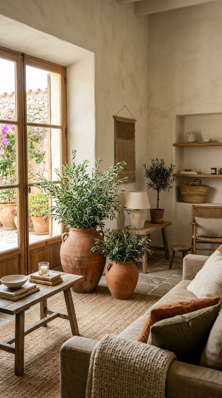 A living room with large terracotta urns filled with olive branches placed on the floor near rustic wooden furniture.
