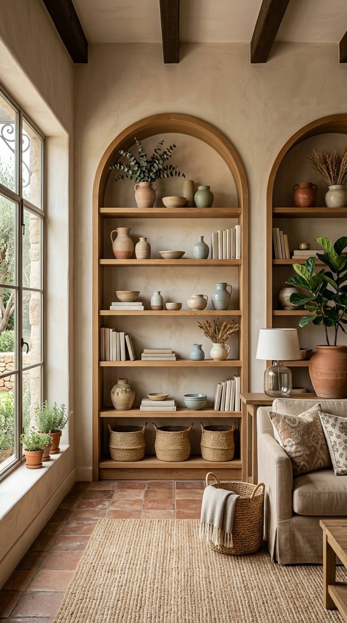 Living room with arched built-in shelves displaying ceramics and books, illuminated by natural light.