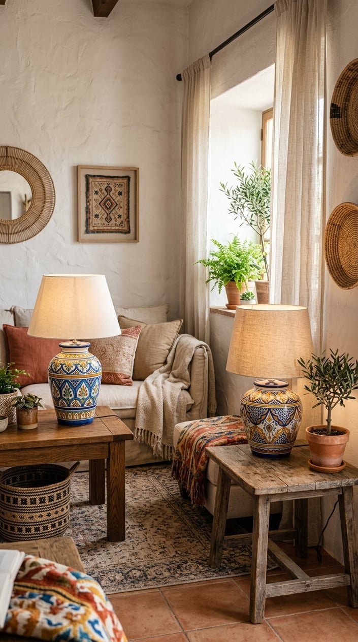 A cozy living room with handmade ceramic table lamps on wooden side tables, surrounded by plants and comfortable seating.