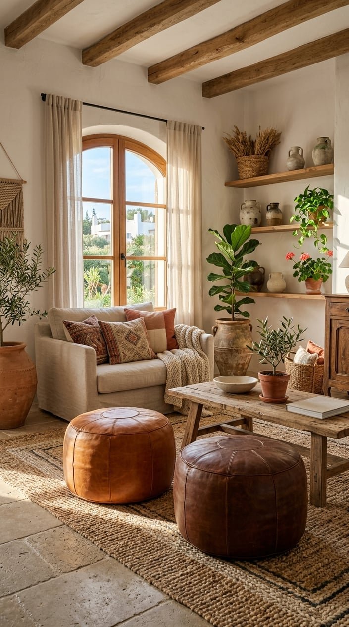 A living room with two leather poufs in cognac and saddle brown, surrounded by natural wood furniture, plants, and warm sunlight.