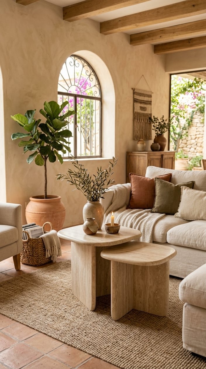 A living room with travertine side tables, neutral seating, green plants, and warm natural lighting.