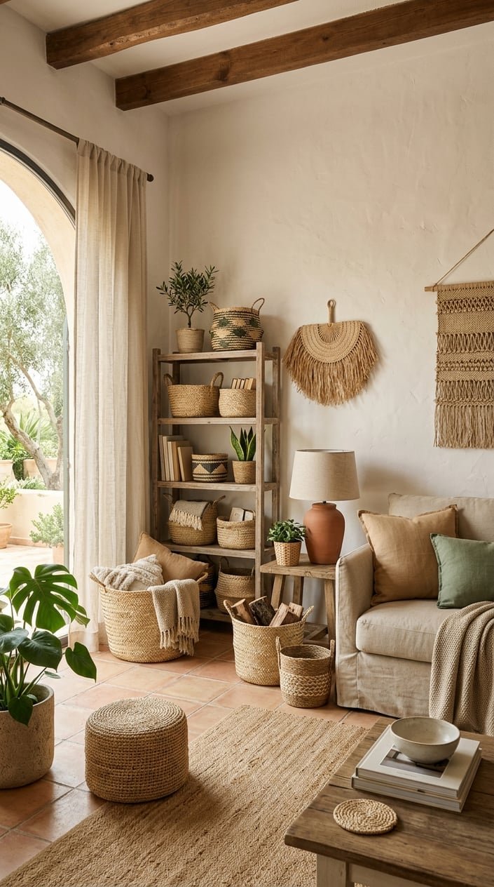A living room with woven grass baskets and palm fiber decor arranged on shelves and the floor, illuminated by natural light.