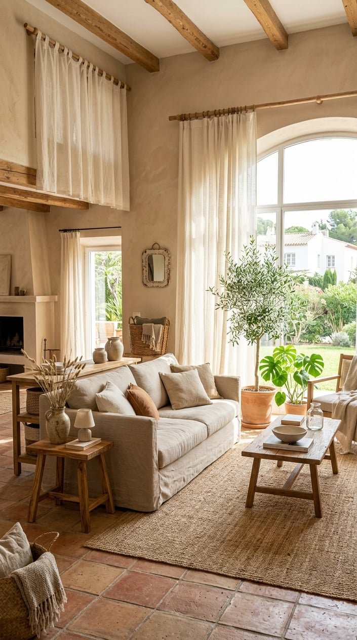 A bright living room with natural ivory linen curtains hung high and loose, sunlight filtering through, and earthy decor including wooden furniture and green plants.