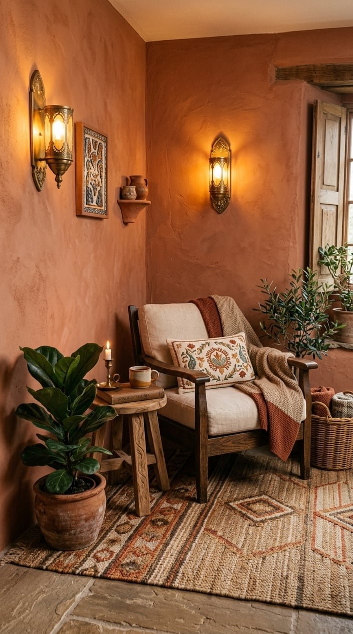 A living room corner with brass wall sconces casting a warm amber light over wooden furniture, plants, and terracotta-colored walls.