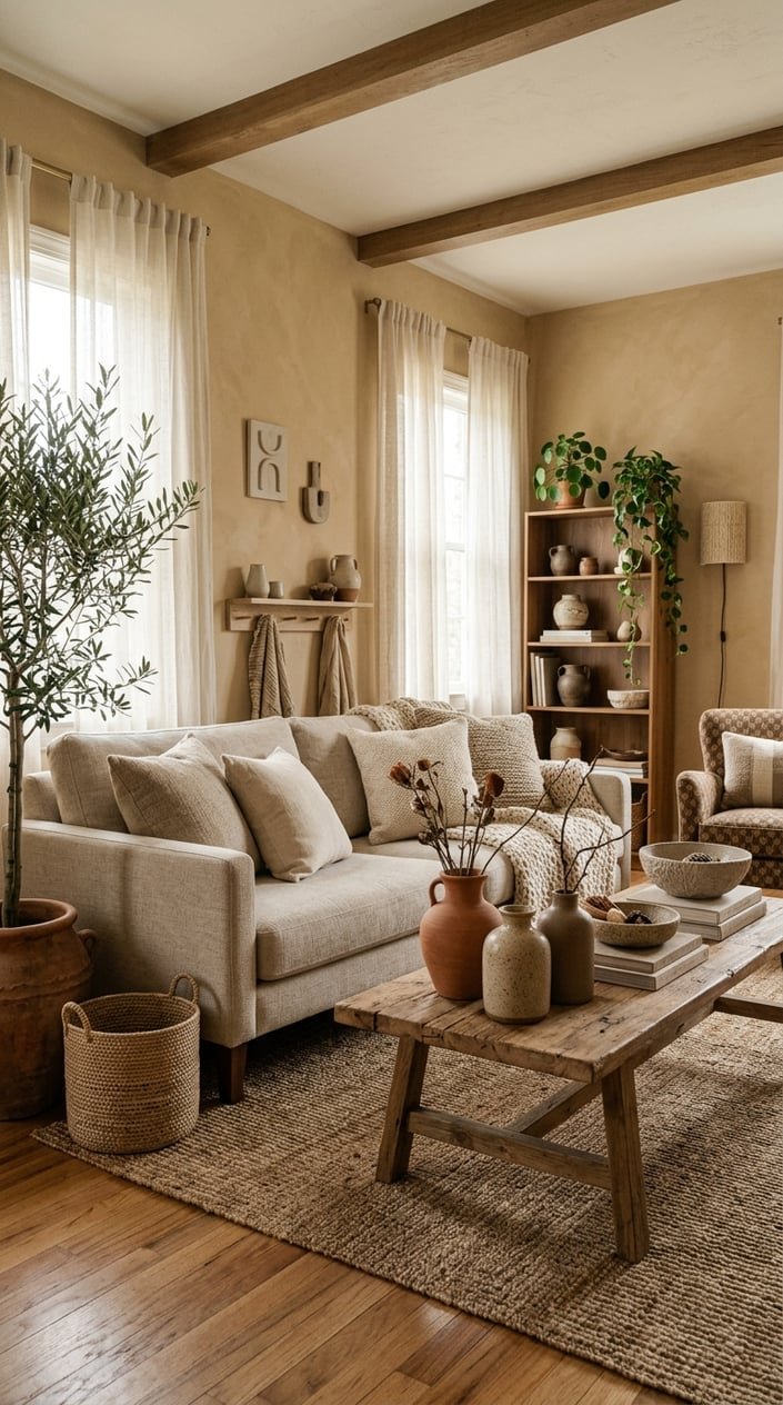 A cozy living room with a sofa, wooden coffee table, clay vases, stoneware bowls, and potted plants in soft earthy colors.