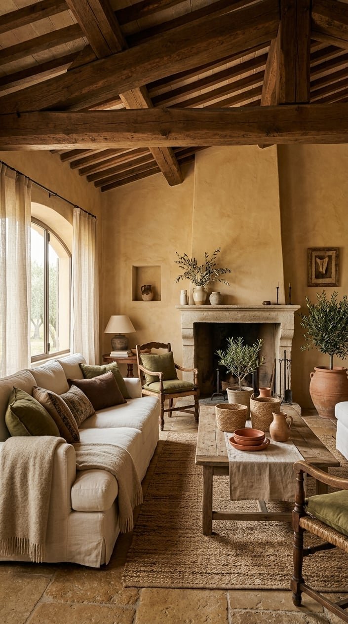 A cozy living room with warm earthy colors, wooden beams, a stone fireplace, a chalk-colored sofa, plants, and natural light.