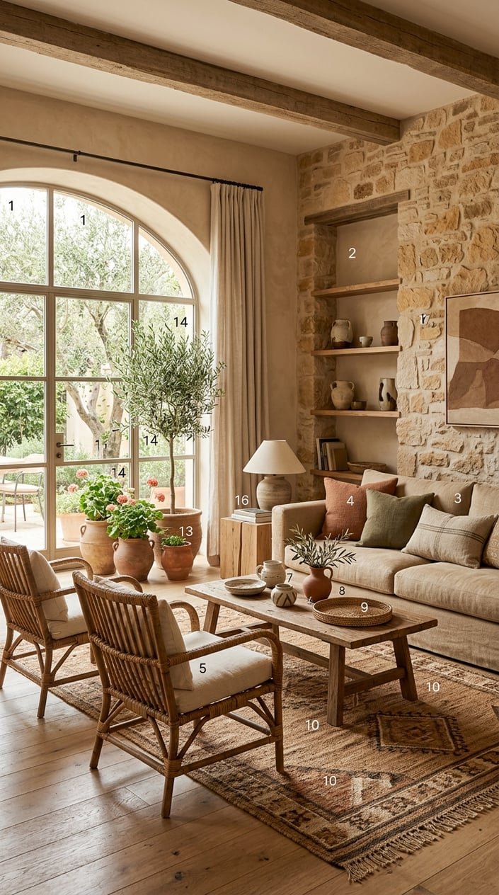 A warm living room with wooden furniture, green plants, and natural light from a large window.