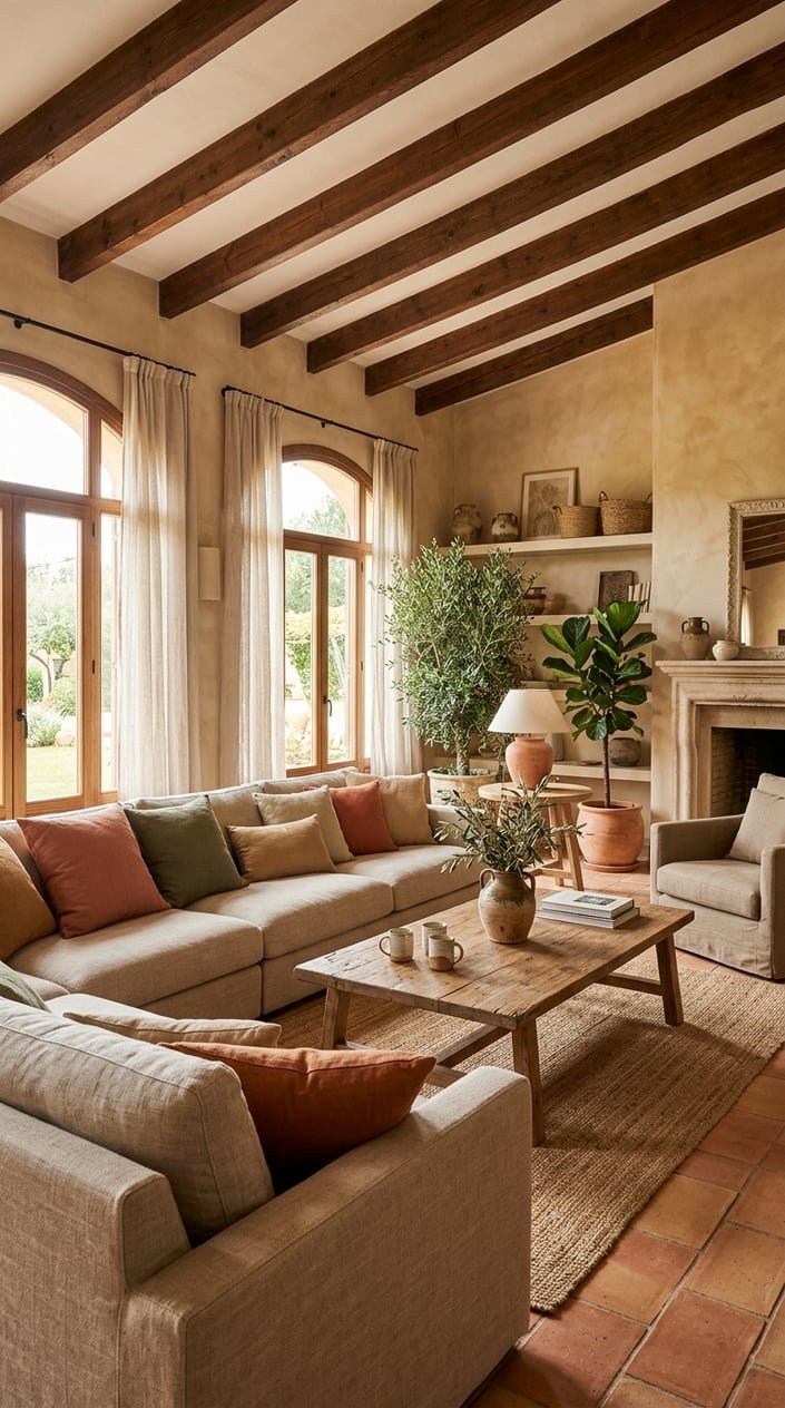A bright living room with a comfortable sofa, wooden coffee table, plants, and natural light coming through large windows.