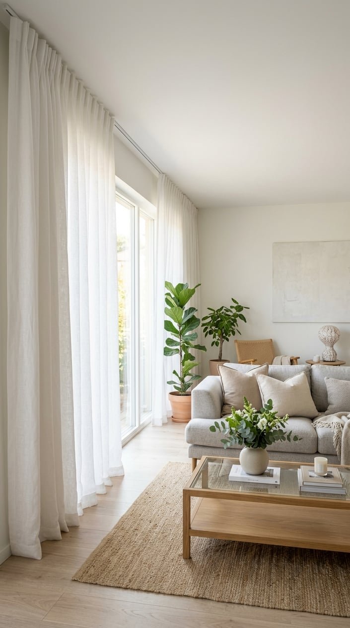 A living room with tall white linen curtains covering large windows, a sofa, coffee table, and indoor plants.
