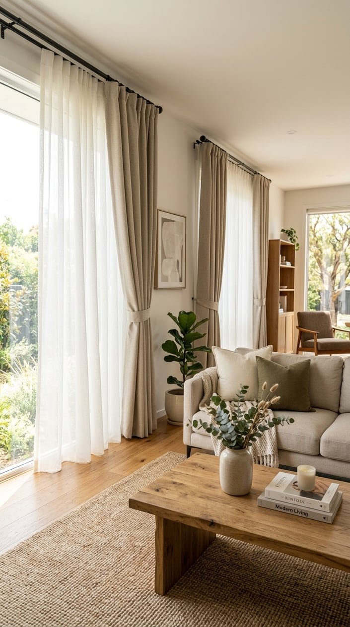 Living room with large windows covered by ivory sheer curtains and beige blackout panels, featuring a sofa and coffee table.