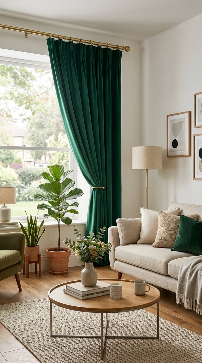 Living room with emerald green velvet curtains hanging from brass rods beside a large window, with a sofa, coffee table, and plants.
