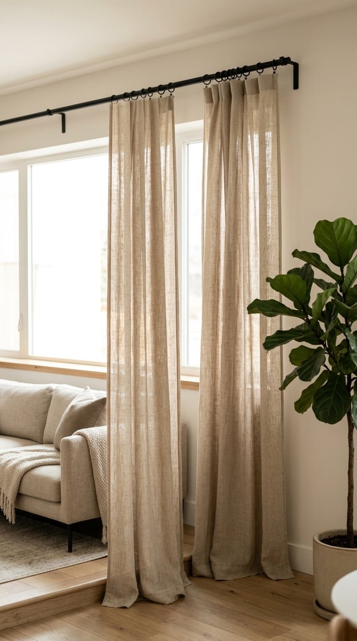 Natural flax curtains hanging from a black metal rod in a living room with soft natural light.