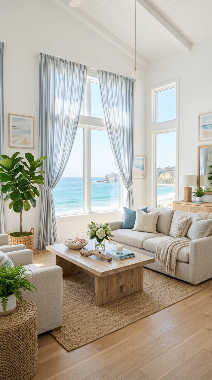 A bright living room with large windows covered by blue-and-white striped curtains, light furniture, and coastal decorations.