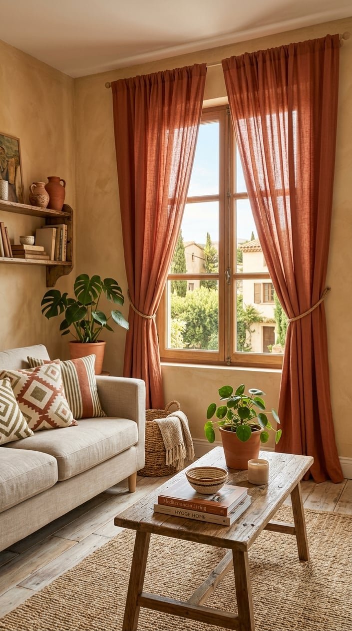 Living room with terracotta curtains framing a window, a sofa, coffee table, and plants in warm natural light.