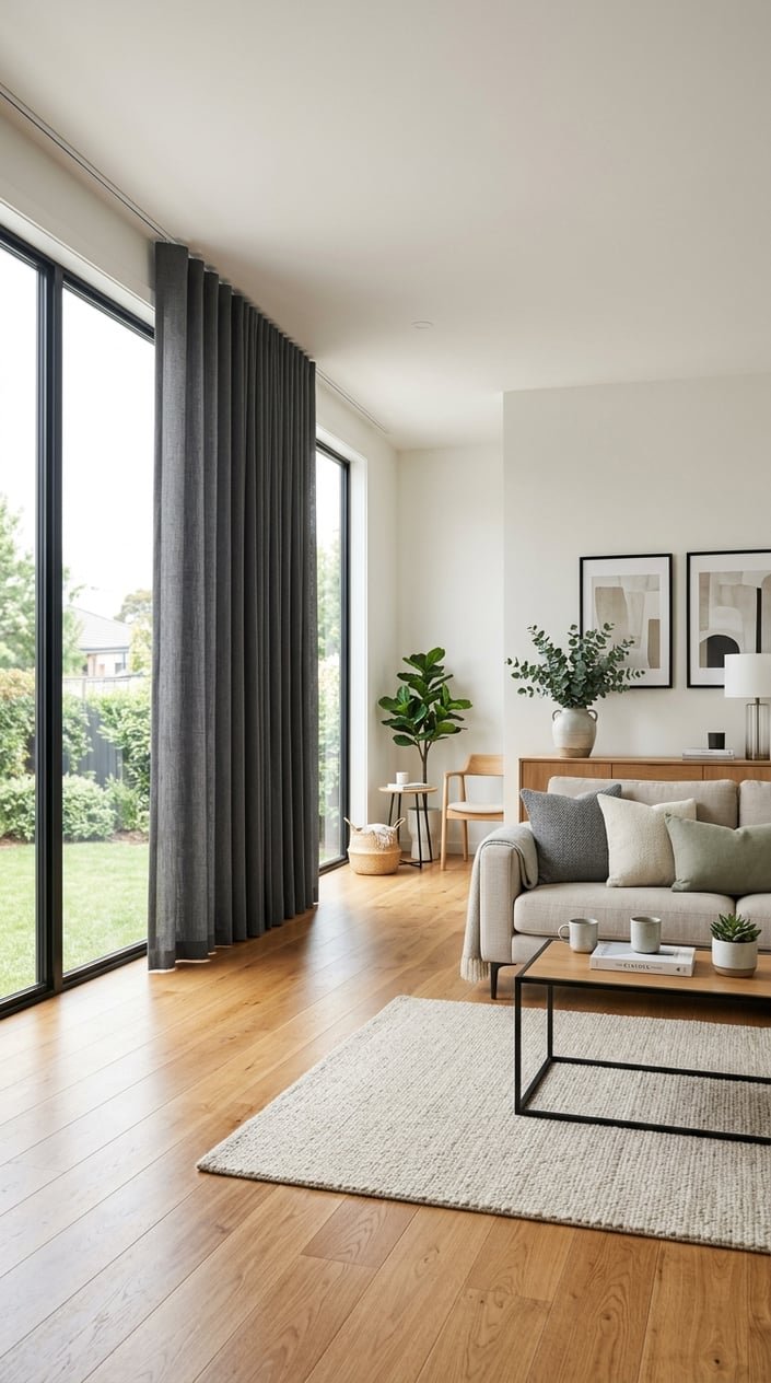 A modern living room with charcoal gray curtains hanging over large windows, a sofa, coffee table, and indoor plants.