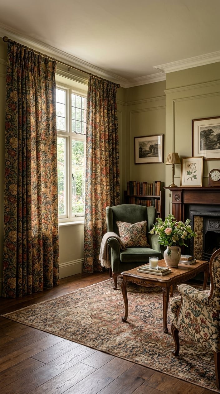 Living room with floral patterned curtains, wooden furniture, and a cozy seating area.