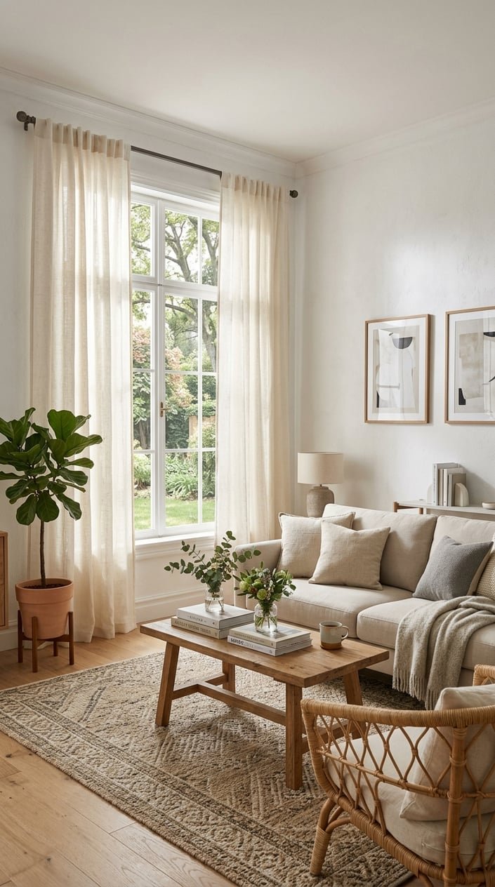 A living room with large windows covered by off-white linen curtains, sunlight softly filtering through, and modern furniture arranged around a coffee table.