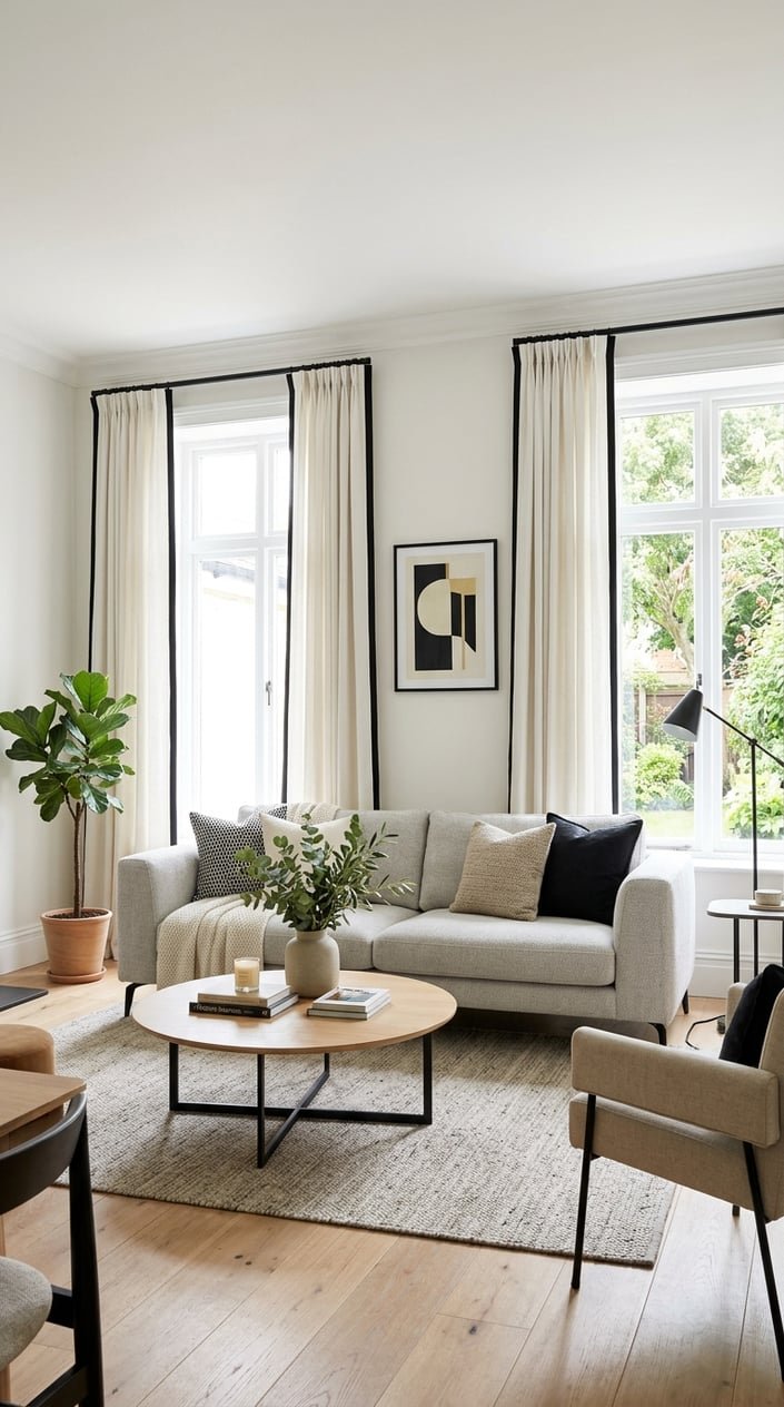 Living room with large windows featuring white curtains with black trim, a sofa, coffee table, and indoor plants.
