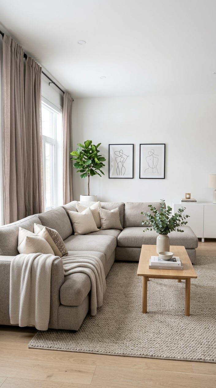 Living room with soft taupe curtains and a large greige sectional sofa.