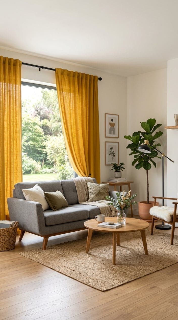 A living room with mustard yellow curtains, a sofa, wooden furniture, and indoor plants.
