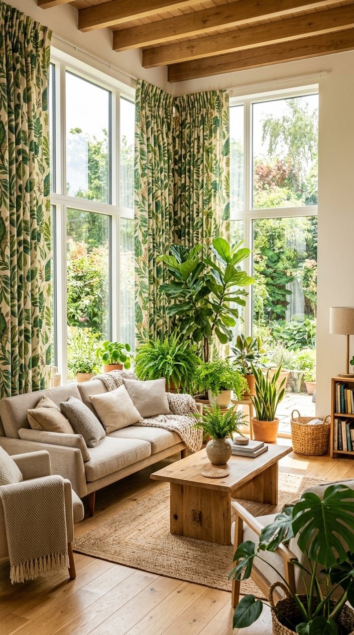 A sunlit living room with large windows and green leaf patterned curtains, surrounded by indoor plants and comfortable seating.