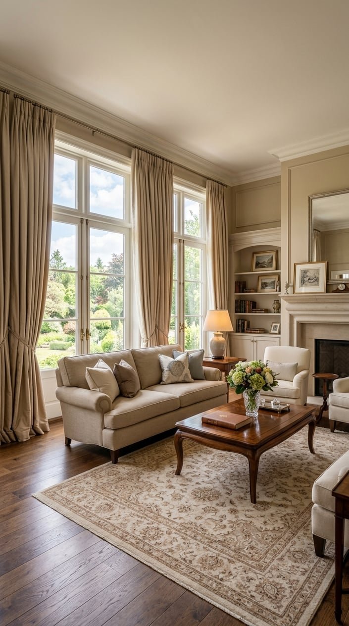 A formal living room with large windows covered by beige silk-like curtains, a sofa, coffee table, and soft natural lighting.