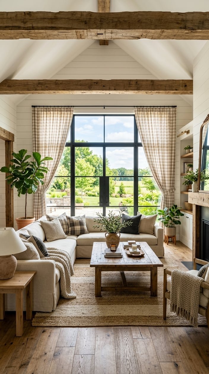 Living room with large windows covered by gingham check curtains, a sofa, coffee table, and plants.