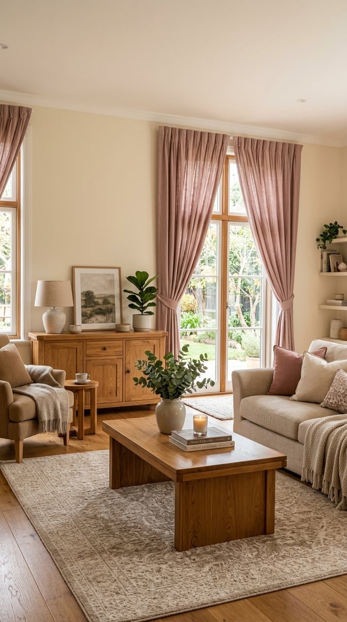 Living room with dusty rose curtains, cream walls, and oak furniture illuminated by natural light.