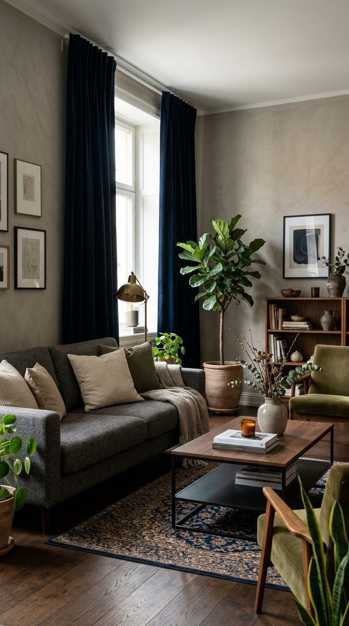 A living room with navy blue velvet curtains, a sofa, a coffee table, and indoor plants.