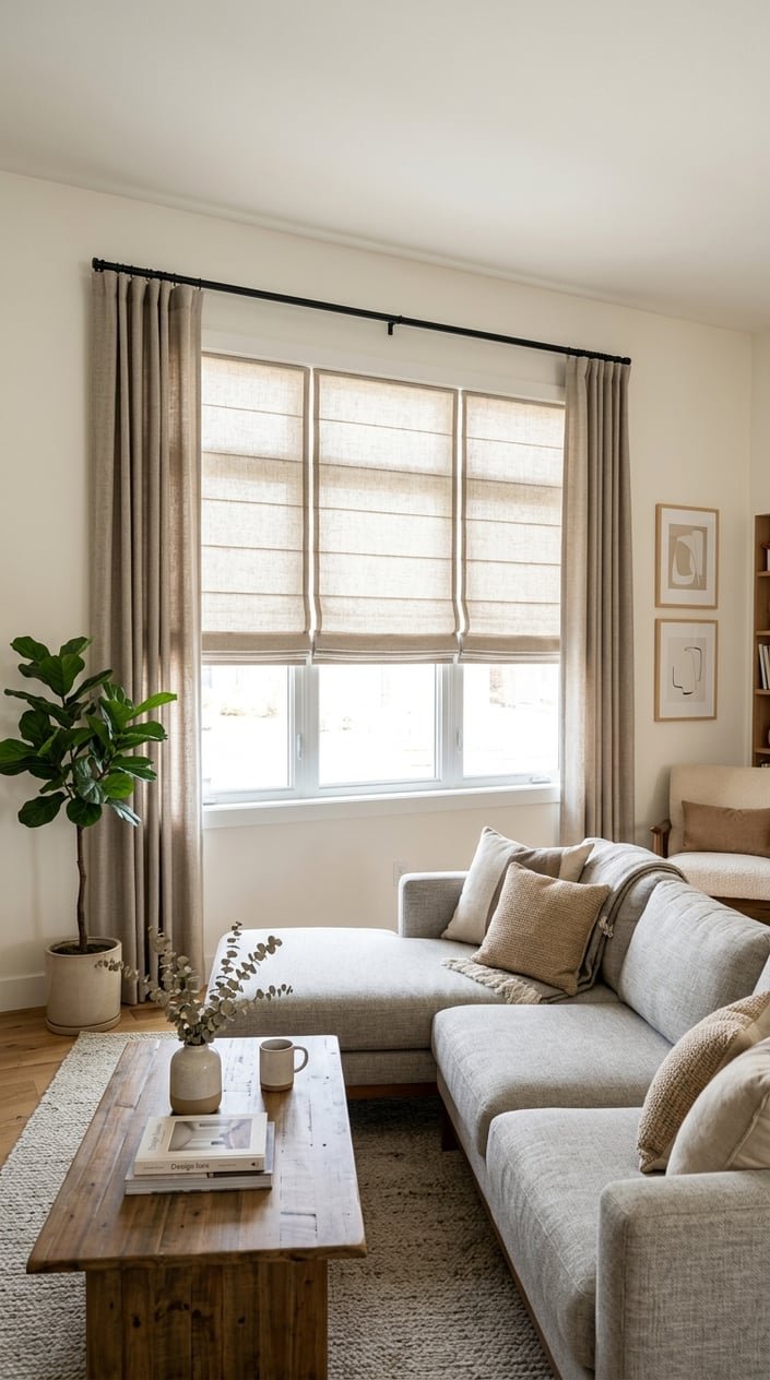 Living room with a large window covered by light-filtering Roman shades and stationary side panels, featuring a sofa and coffee table.