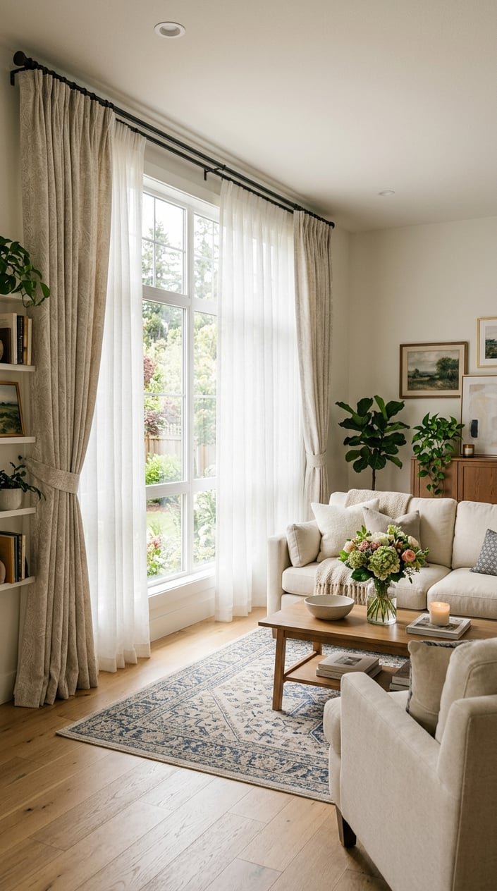 A living room with a large window covered by elegant curtains, comfortable seating, and natural light filling the space.