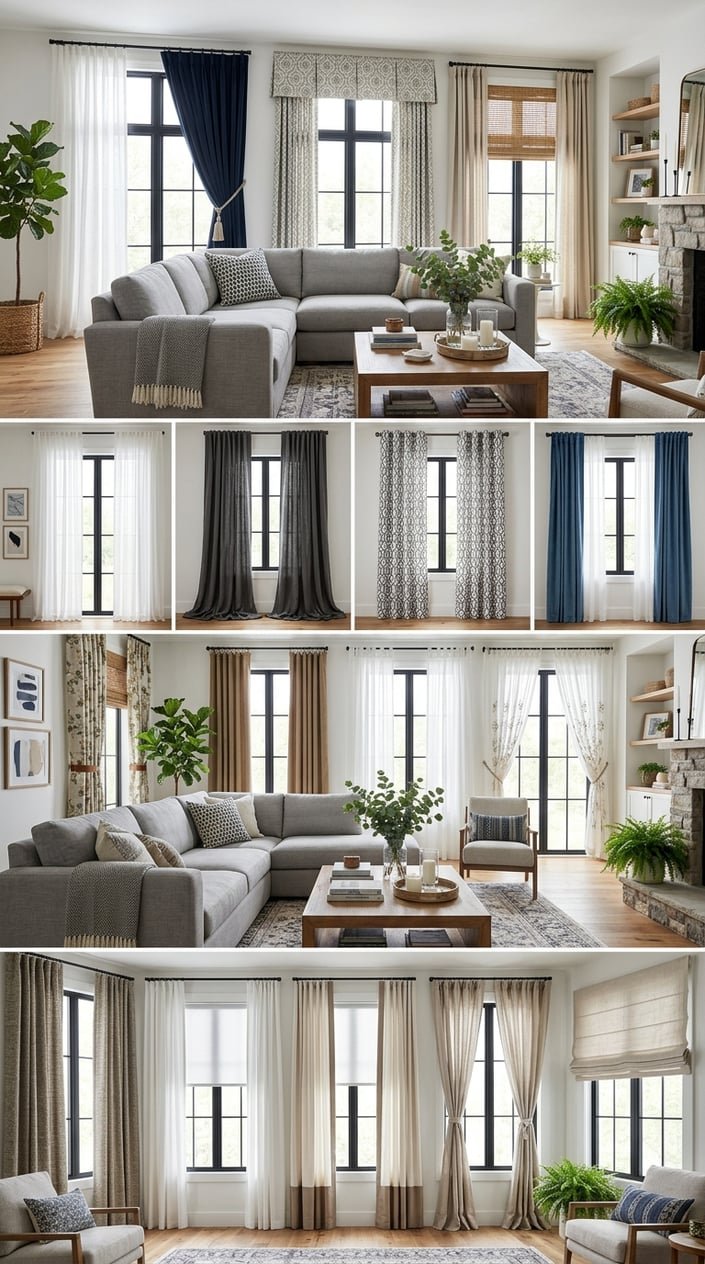 A bright living room with large windows featuring various curtain styles and comfortable seating.